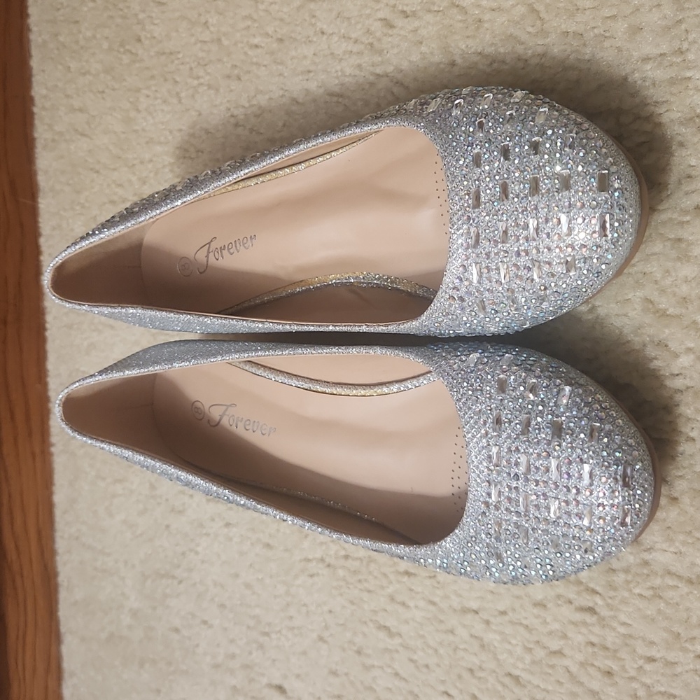 Silver sparkly low wedge shoes